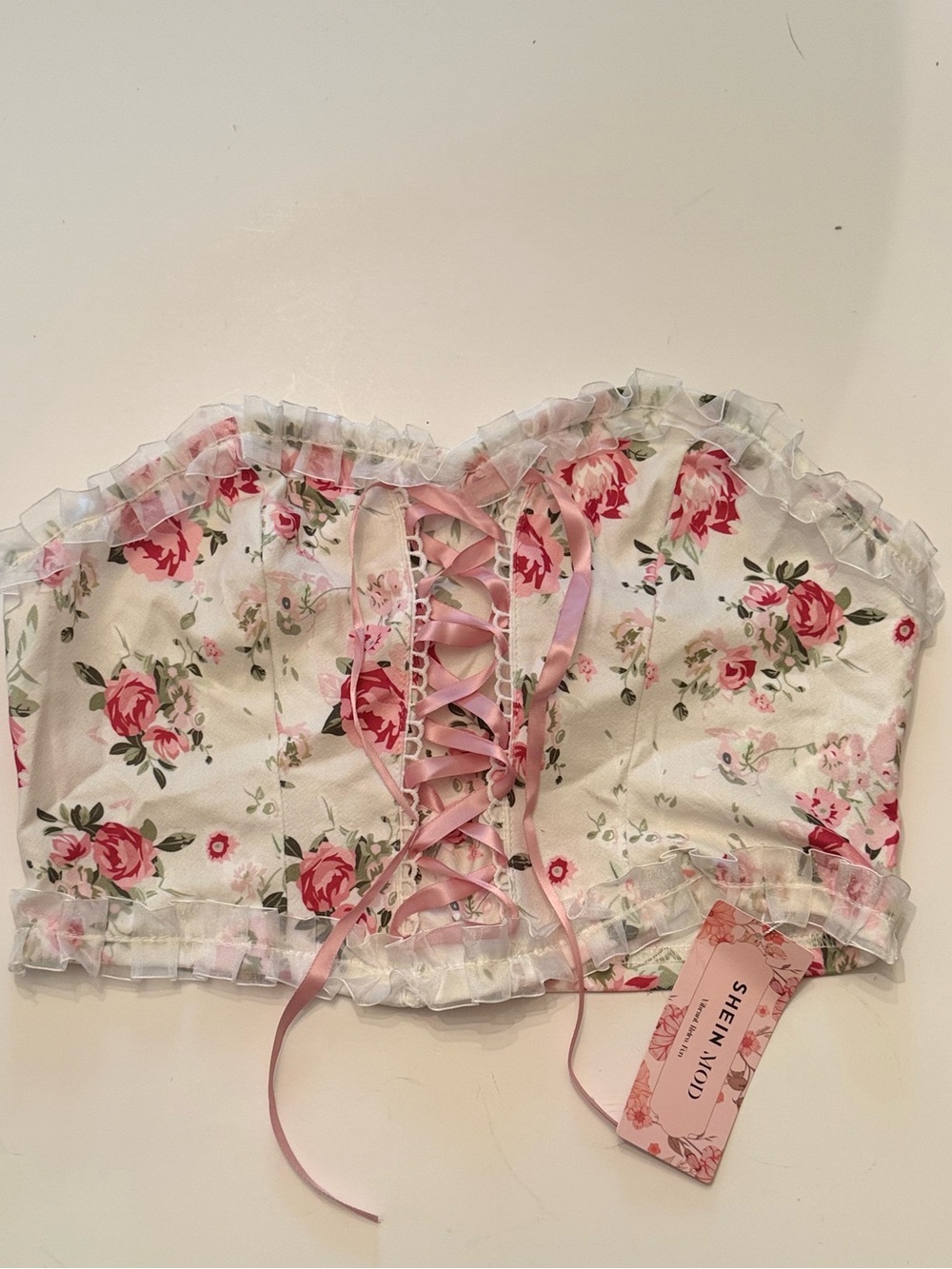 SHEIN White Floral Lace-Up Bustier Top with Pink Roses Sz S NWT